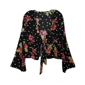 Iky & Me Polka Dot and Floral Tie Front Rayon Top